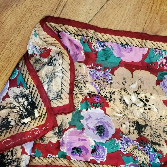 Vintage Oscar de la Renta Scarf, Floral, Silk, Rectangular, Red Purple Flowers - Picture 4 of 4